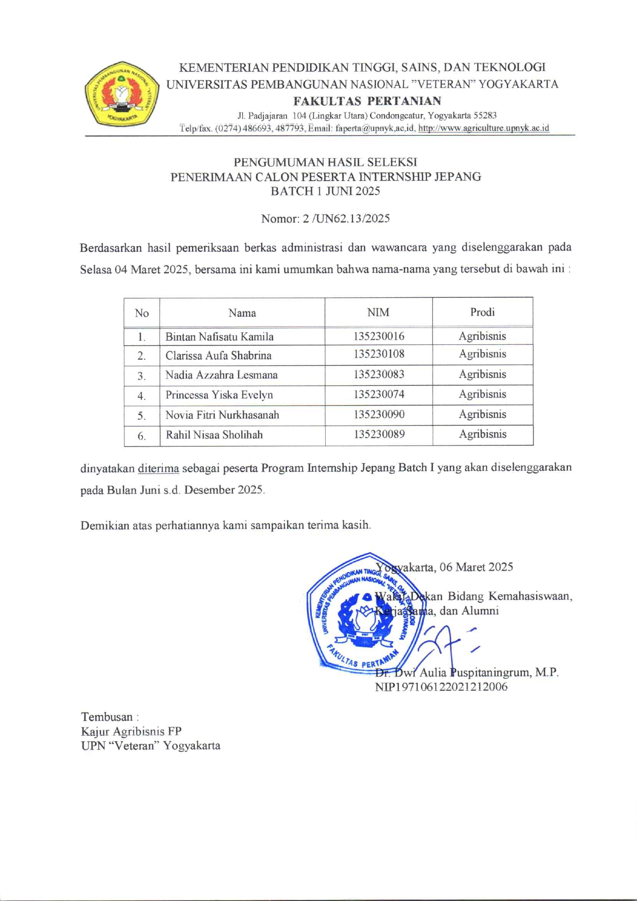 Pengumuman Hasil Seleksi Penerimaan Calon Peserta Intenship Jepang Batch I